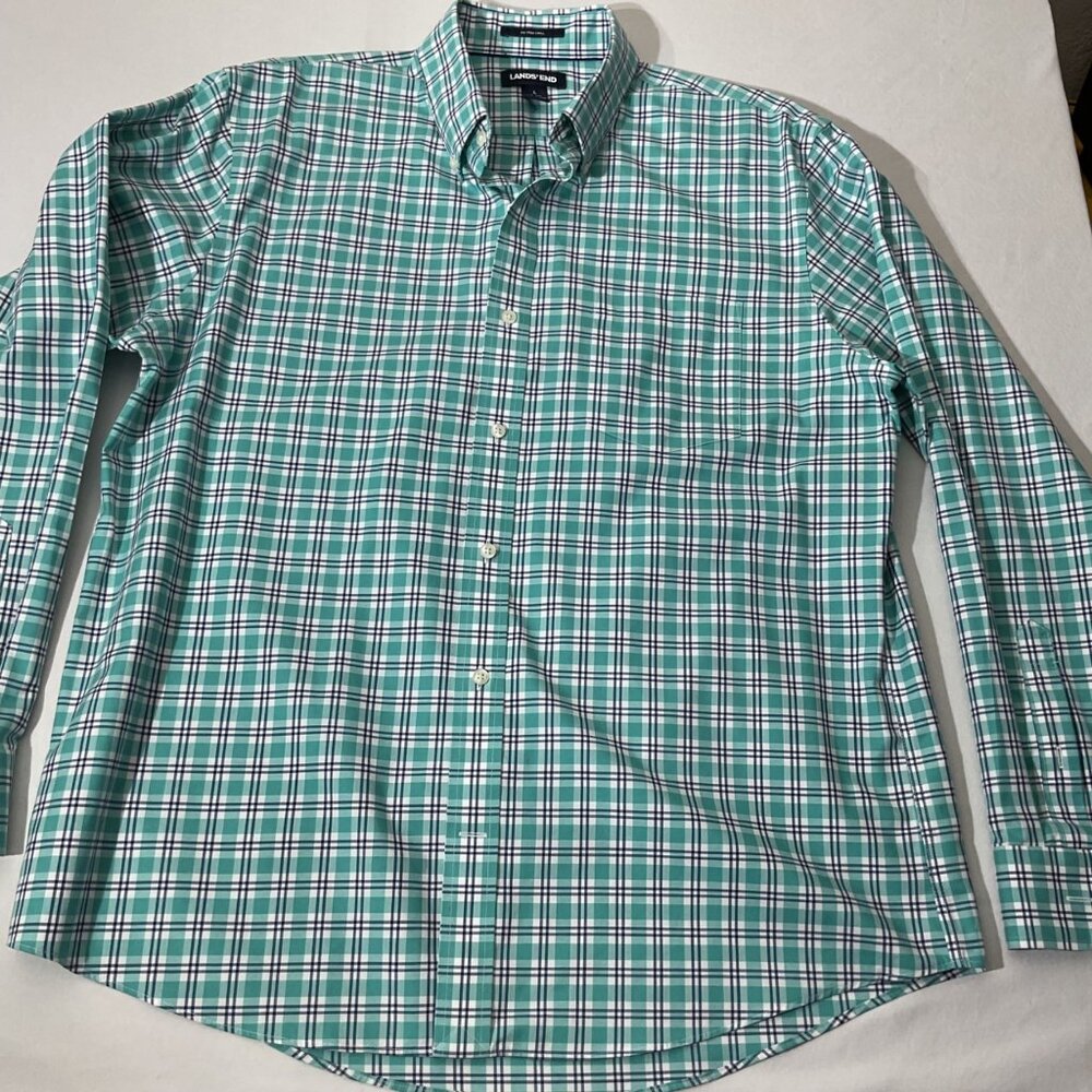 Lands End Mens No Iron Twill Plaid Long Sleeve Shirt Size L Traditional Green/Wh